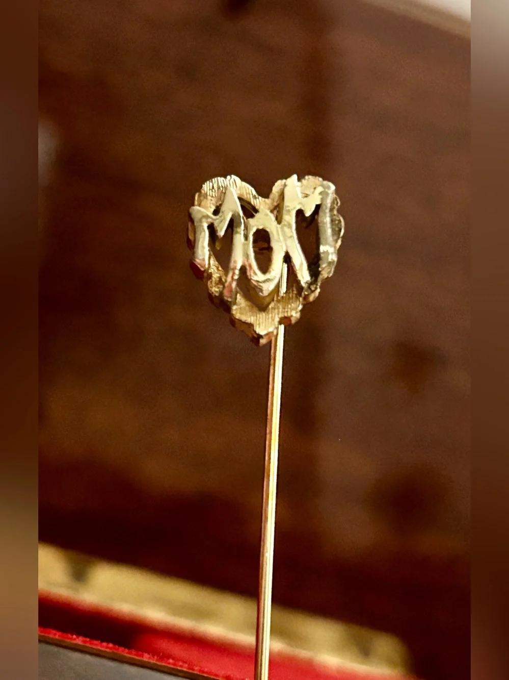 ‘MOM’ Letters  Diamond cut Goldtone Heart Shape Stick Pin - Mother Gift for Her